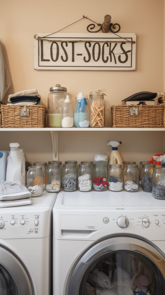 A Laundry room with mason jars sprays and baskets