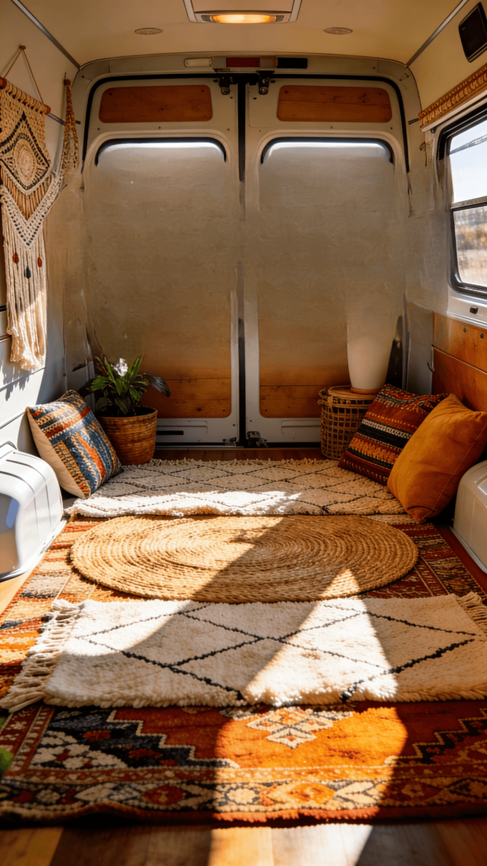 A boho van with Layered Rugs