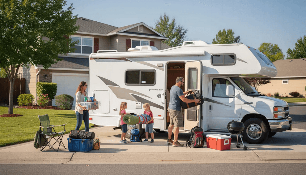 Loading rv A family is seen loading gear into a mid size Class C motorhome parked in a suburban driveway with ample space for their belongings and car seats visible This Class C motorhome offers a practical option for weekend getaways providing comfortable sleeping arrangements and storage for their travel needs