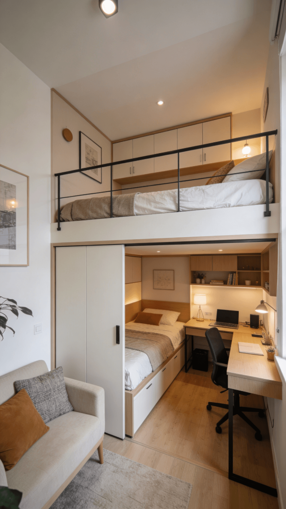 The image showcases a stylish small studio apartment featuring a loft bed that maximizes vertical space allowing for a cozy seating area and a desk underneath A Murphy bed is also visible demonstrating multifunctional furniture options that create a flexible living space while optimizing floor space for a comfortable sleeping area at night