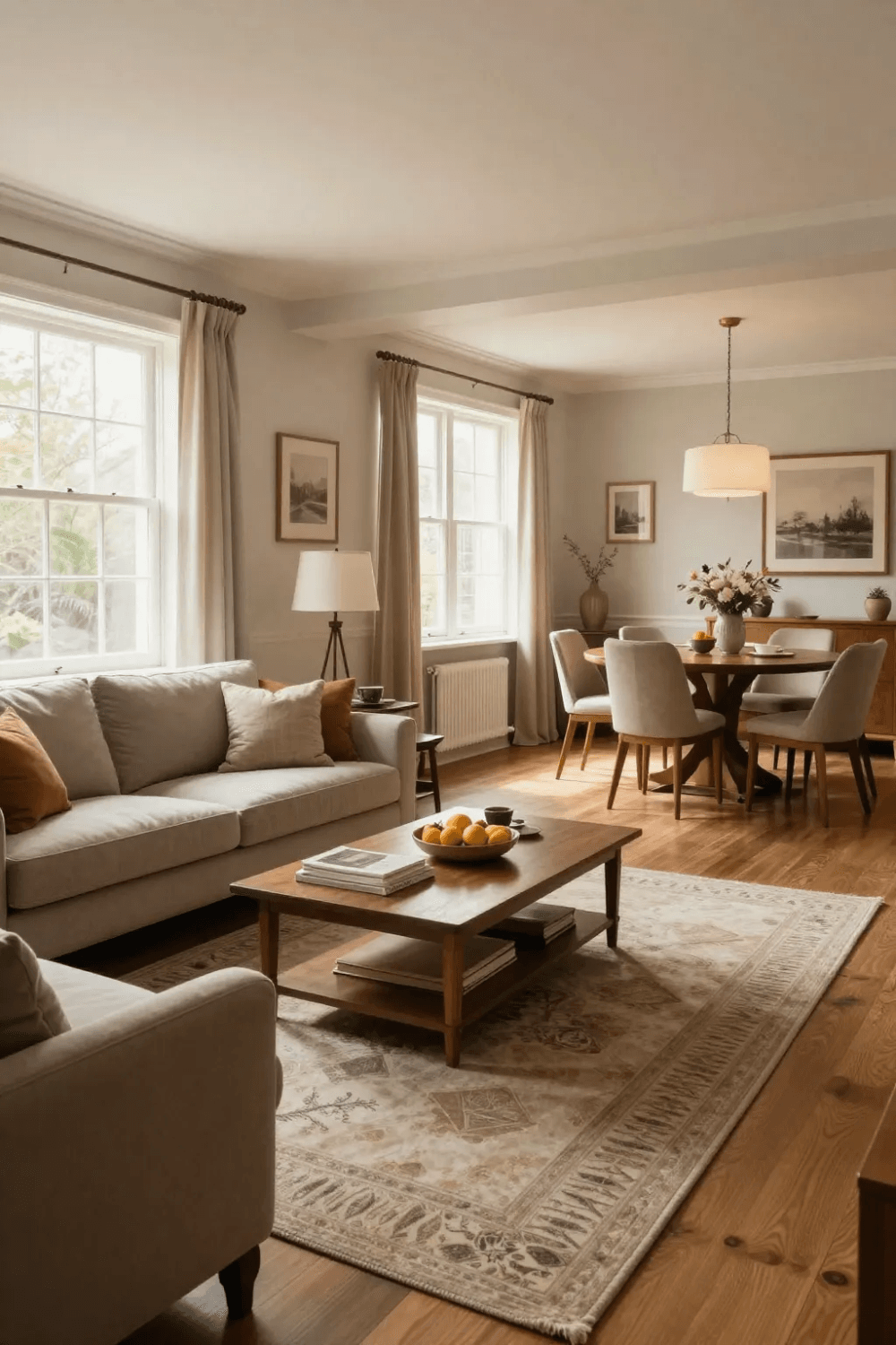 The image depicts a beautifully arranged long rectangular living room that effectively utilizes zoning to create two distinct areas a cozy seating space with a stylish sofa and coffee table on one side and a dining area with elegant chairs and a table on the other The room is enhanced by natural light streaming through large windows and layered lighting that adds warmth and ambiance making the space feel inviting and functional