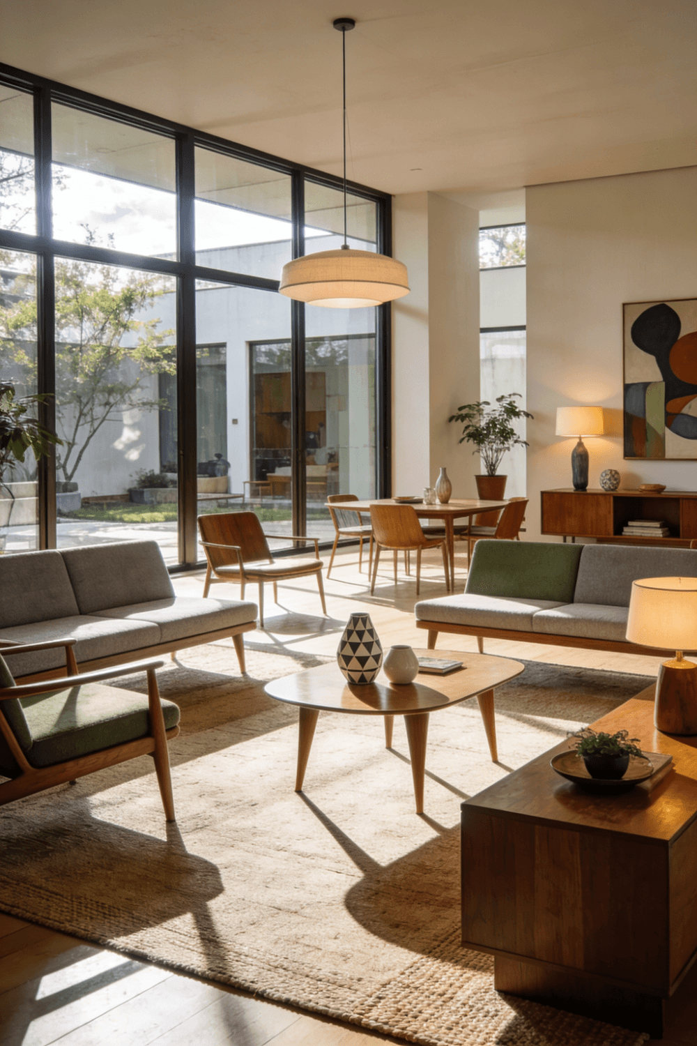 A cozy mid century room with large windows