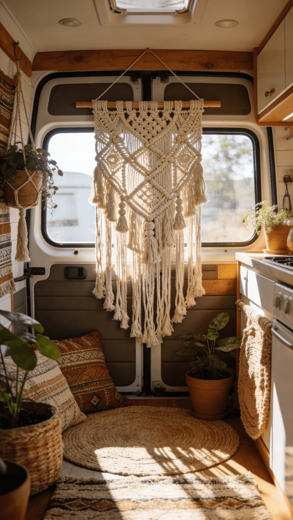 A boho van with Macramé Wall Hangings