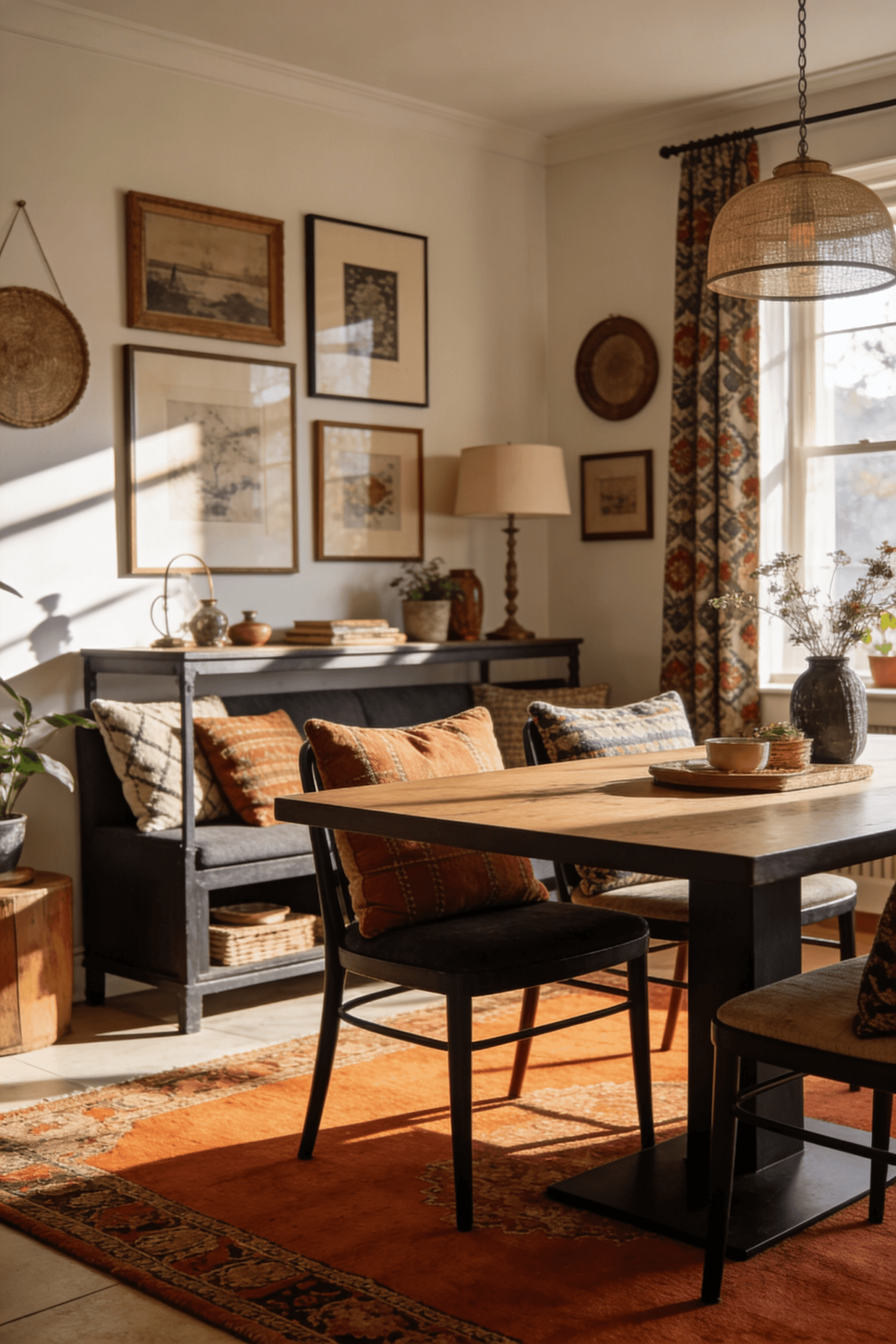 The image showcases a cozy living room decorated with a mix of vintage and affordable home decor items including a stylish dining table adorned with throw pillows and a warm rug The thoughtful design choices create visual interest and a welcoming atmosphere perfect for anyone looking to transform their space on a budget