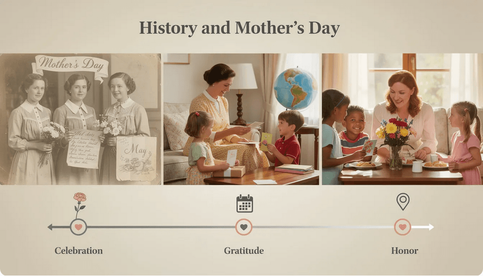Mother day history The image depicts a warm family gathering on the second Sunday in May celebrating Mother's Day with heartfelt gestures such as gift-giving, flowers, and handwritten notes. This holiday honors mothers and mother figures, expressing love and gratitude through traditional celebrations and spending quality time together.