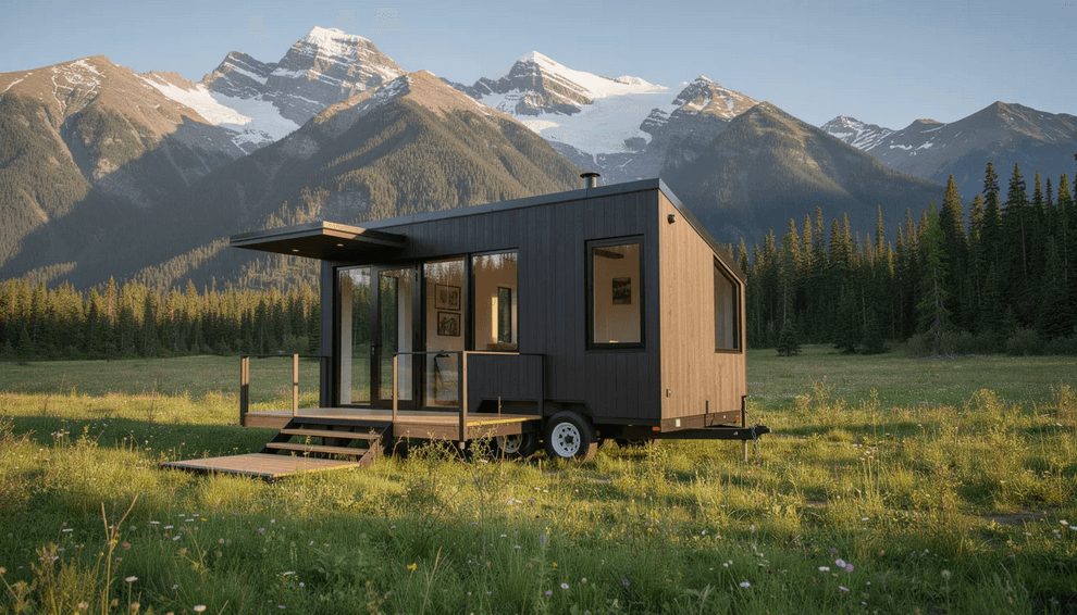 A modern tiny house on wheels featuring a double pitched roof and metal siding is parked in a picturesque mountain meadow surrounded by tall pine trees embodying the essence of tiny living in a serene natural setting This scene represents the growing tiny house movement showcasing the appeal of mobile homes and the simplicity of life in a compact space