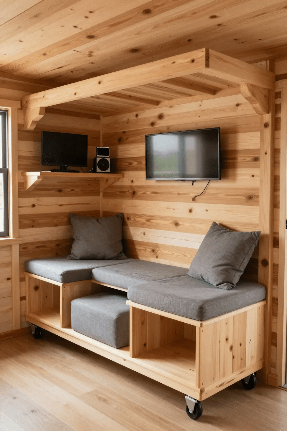 Built in storage with a TV on a wall