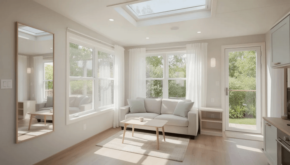 The image showcases a bright and airy tiny home interior featuring large windows and glass doors that invite natural light creating a seamless connection with the outdoor space Light reflective paint colors and strategically placed mirrors enhance the brightness making the living area feel more spacious and inviting
