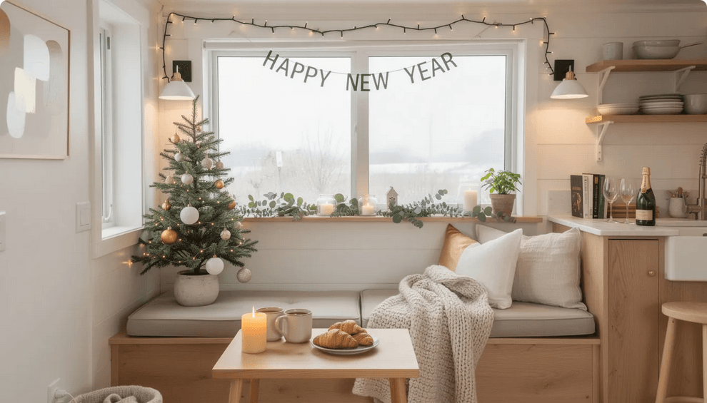 The image depicts a cozy tiny home decorated for New Year's Day, featuring warm ambient lighting and festive decor that creates an inviting atmosphere for family gatherings. The interior walls are adorned with cheerful accents, symbolizing hope and good wishes for the coming year, while large windows allow natural light to fill the space, enhancing the celebratory vibe.