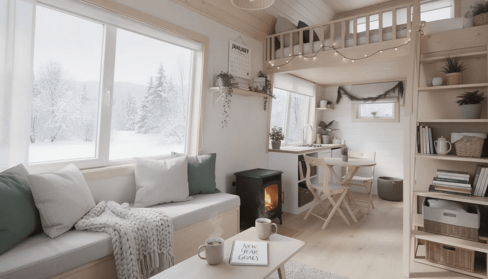 The image showcases various creative ideas for decorating and utilizing a tiny house for New Year's Day celebrations, featuring cozy interior walls adorned with festive decorations, natural light streaming through the windows, and a welcoming front door. This space is perfect for family gatherings and reflects the spirit of hope and new beginnings as people celebrate the coming year.
