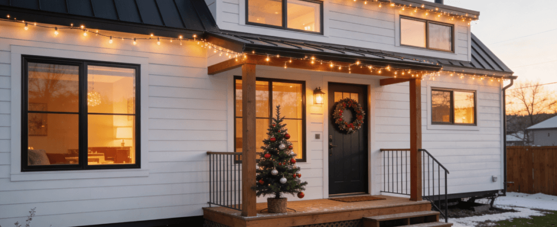 A white tiny home in a snow