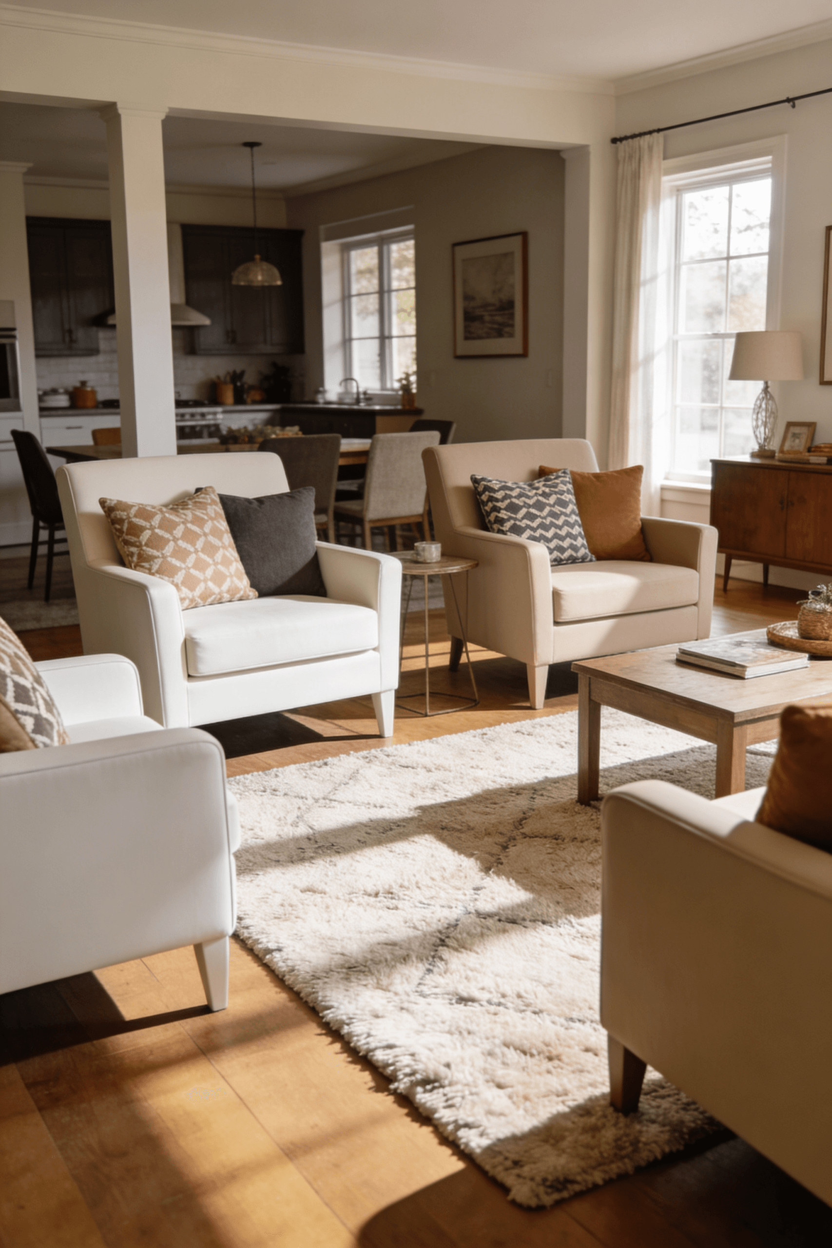 The image showcases a stylish living room that has been refreshed through thoughtful design choices featuring a decluttered space with rearranged furniture for better conversation flow New paint on the chairs and carefully selected decor elements like throw pillows and a cozy rug create an inviting atmosphere perfect for anyone looking to decorate their house on a budget