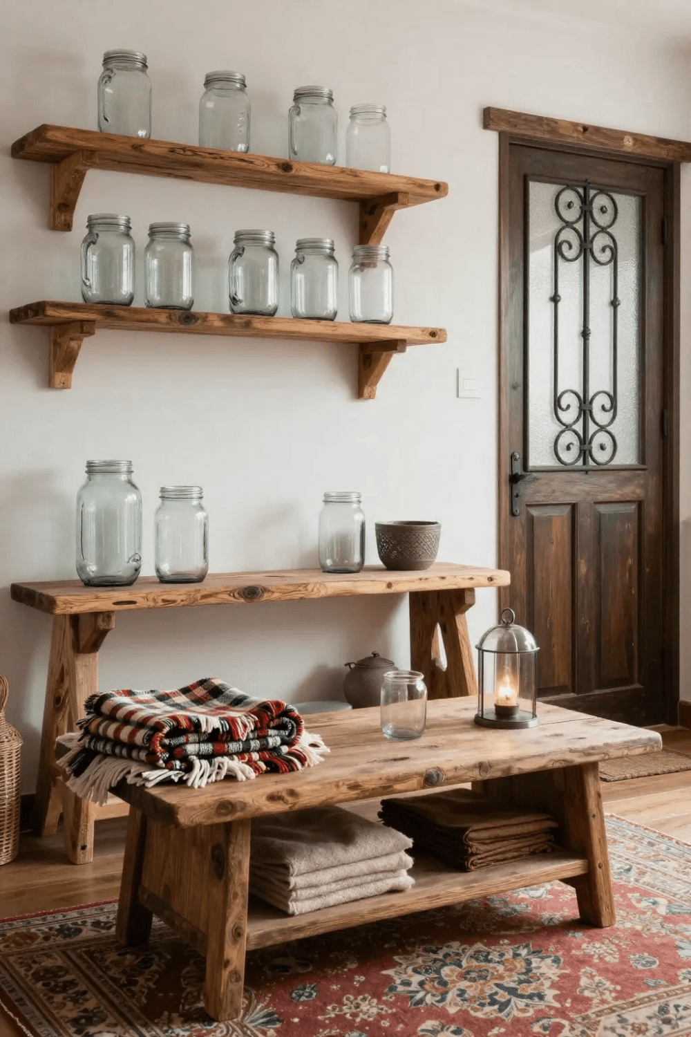 Jars on a wooden wall shelf
