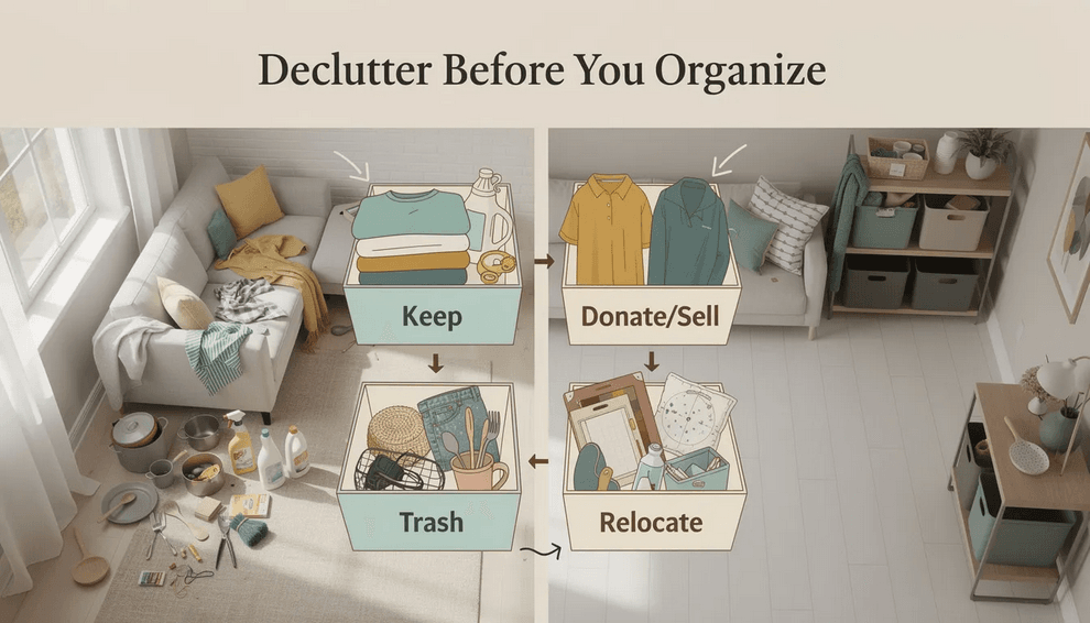 The image depicts a small organized space showcasing various storage solutions including labeled storage bins and wall mounted shelves effectively utilizing vertical space to create a clean look This setup highlights the importance of decluttering and maximizing storage in a tiny home demonstrating how to efficiently manage belongings like clothes craft supplies and cleaning supplies