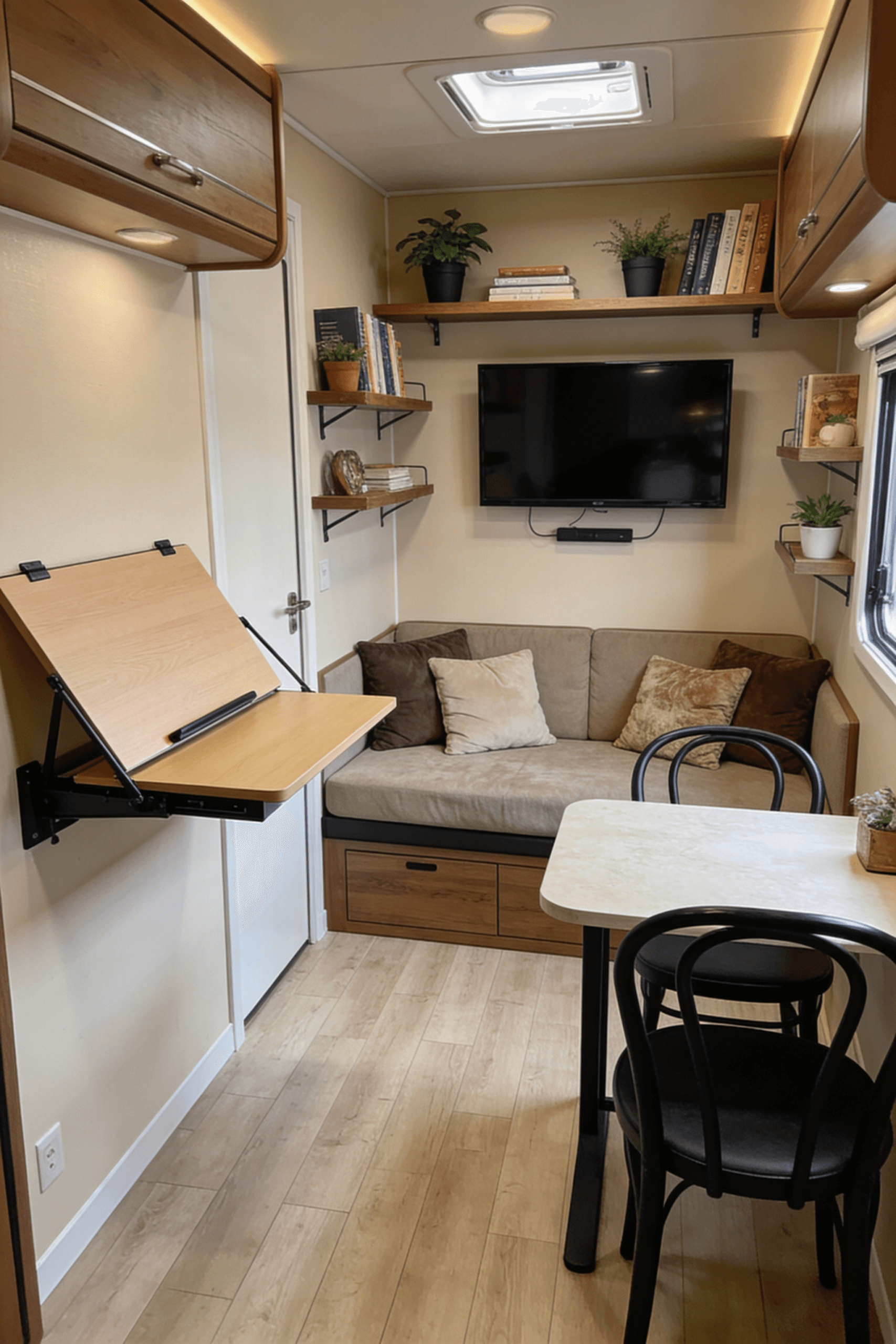 The image depicts a cozy small living space designed for maximum functionality showcasing a well organized layout with distinct areas for lounging and working Incorporating elements like a fold down desk and stylish decor this interior design exemplifies how to make the most of limited floor space in a tiny house