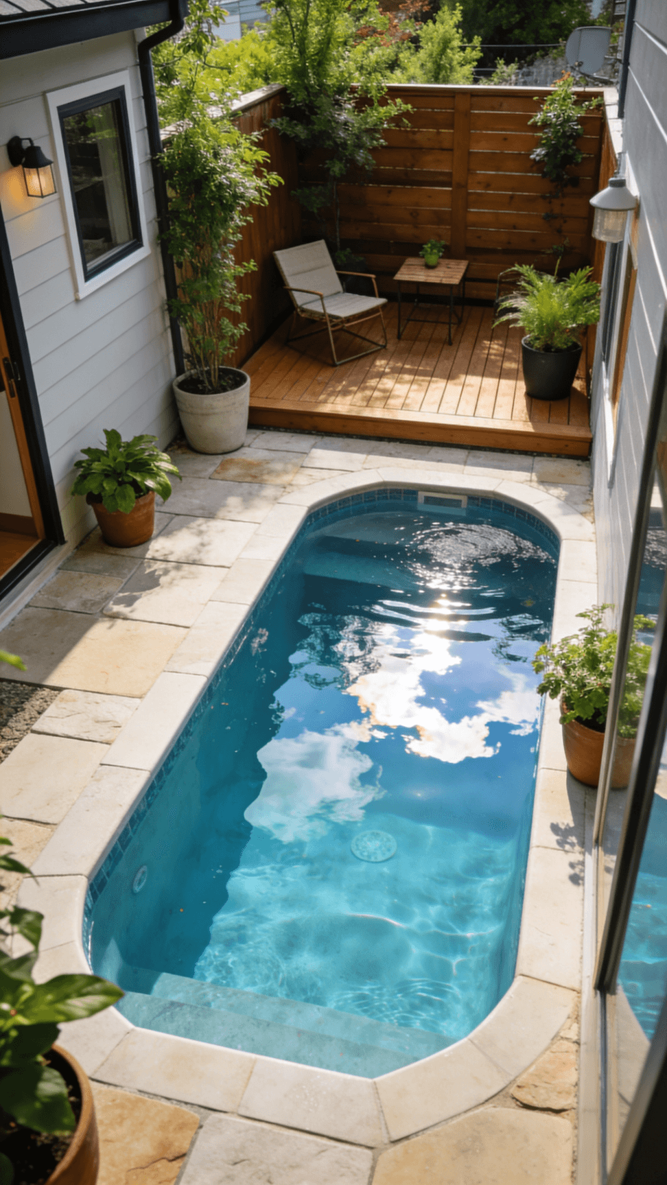 The image depicts a compact plunge pool situated in a cozy backyard space perfect for tiny homes This refreshing swimming pool offers a stylish way to relax or engage in light exercise while enhancing the outdoor lifestyle with its elegant design and minimal installation requirements