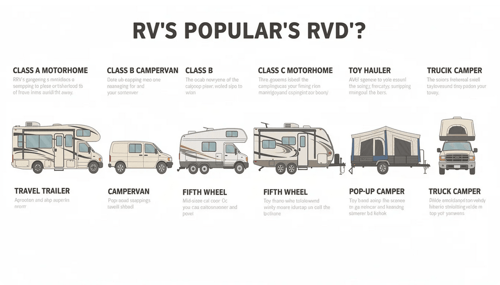 Popular rvs The image showcases various popular types of RVs including motorhomes travel trailers and fifth wheels highlighting their diverse designs and features Each RV is depicted in a scenic outdoor setting emphasizing the freedom and adventure associated with RV travel