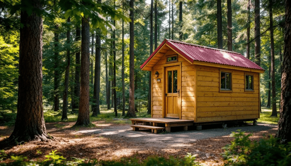 A charming portable cabin nestled in a natural forest setting featuring a warm and inviting atmosphere with natural cedar accents The cabin showcases a high barn style roof and includes a spacious kitchen and dining area perfect for family gatherings or as a cute little guest house