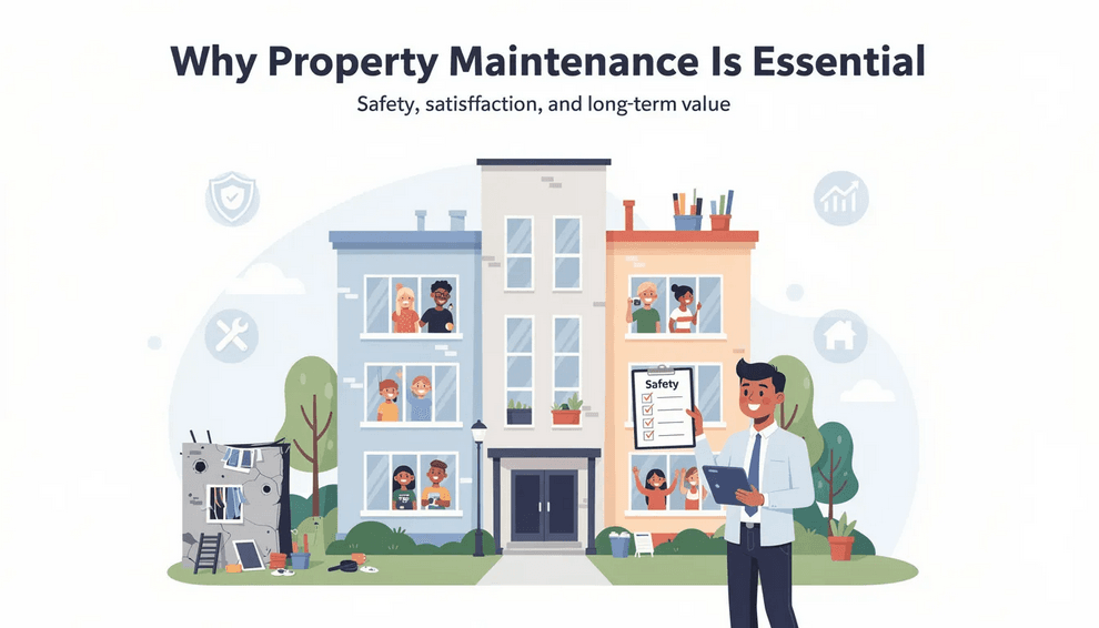 The image illustrates a property maintenance team conducting routine checks on a rental property ensuring tenant safety and satisfaction They are performing various maintenance tasks such as inspecting HVAC systems and addressing potential maintenance issues highlighting the importance of proactive inspections for successful property management