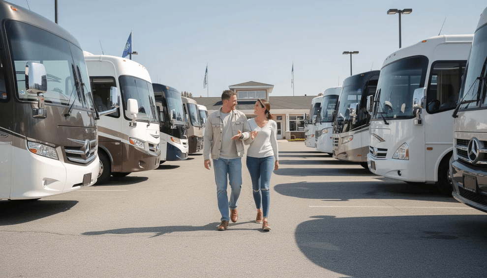 Rv dealer A couple strolls through an RV dealership lot examining various motorhome models parked under a clear blue sky They appear engaged in conversation considering their options among the diverse selection of recreational vehicles available for sale