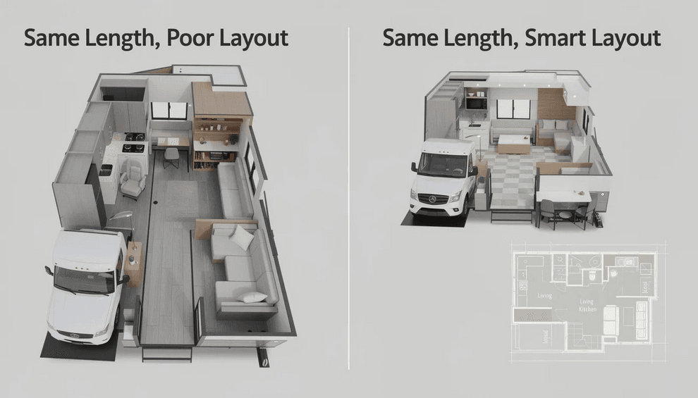 Rv interior layout The image compares the interior layouts of two RVs of the same overall length highlighting how features like slide outs and ceiling height can create a sense of ample space and comfort This visual emphasizes the importance of smart floor plans in maximizing living space similar to well designed tiny house layouts