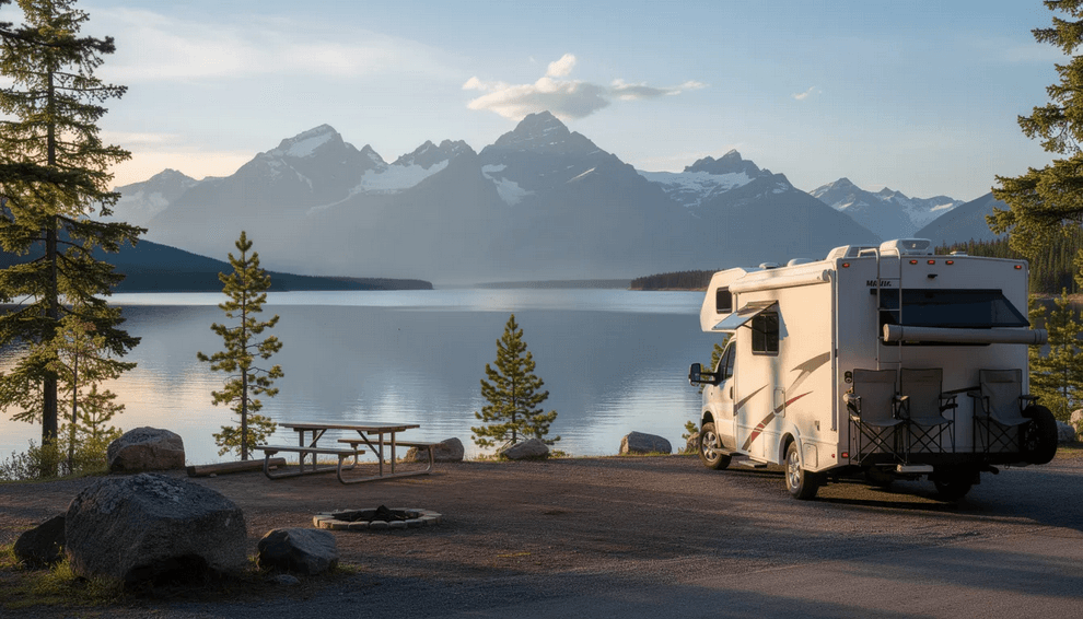 Rv lakeside An RV is parked at a scenic lakeside campground surrounded by lush greenery and mountains in the background creating a peaceful outdoor retreat The tranquil setting showcases the beauty of nature perfect for RV sales in Georgia or a relaxing getaway