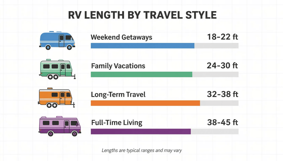 Rv length The image depicts various RV lengths categorized by travel style showcasing different types such as class A motorhomes class C RVs and towable RVs like fifth wheels and travel trailers Each RV type is illustrated with features like sleeping arrangements storage options and space for solo travelers or families highlighting how the right RV size can enhance weekend getaways or long trips