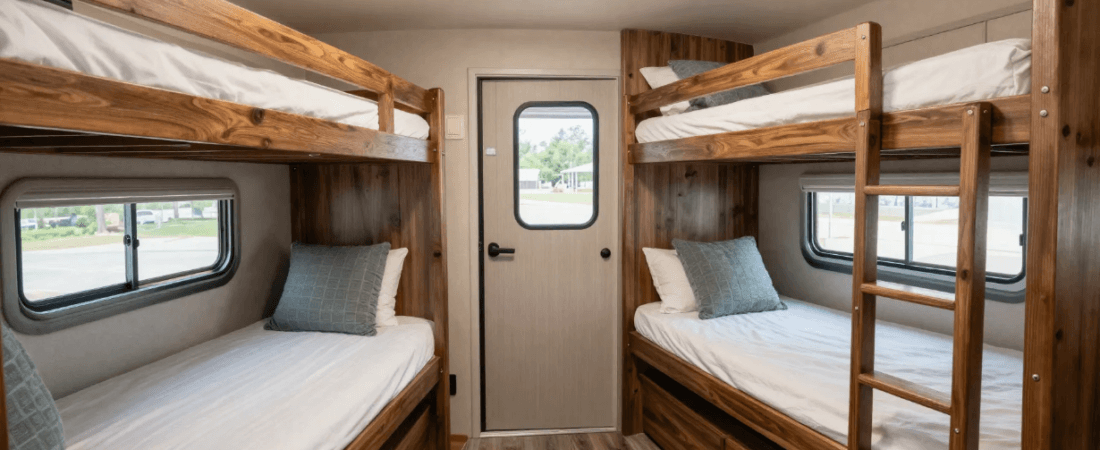 Rv rental with bunk beds An interior of an RV bunk bed