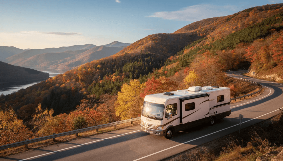 Rv scenic An RV is traveling along a scenic mountain highway in Georgia surrounded by vibrant autumn foliage in shades of orange red and yellow The picturesque landscape showcases the beauty of the season with trees lining the road against a clear blue sky