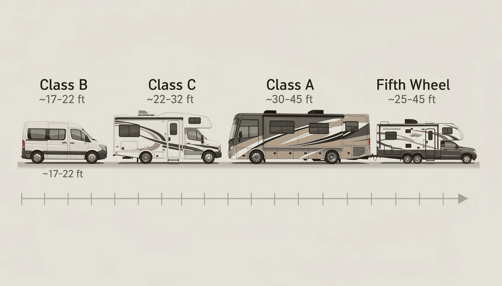 Rv sizes The image illustrates various RV sizes showcasing different models such as class A motorhomes class C RVs and towable RVs like fifth wheels and travel trailers emphasizing their ample space and sleeping arrangements for full time living or weekend getaways It highlights the diversity in RV types catering to different travel styles and needs ensuring travelers find the perfect RV size for their adventures