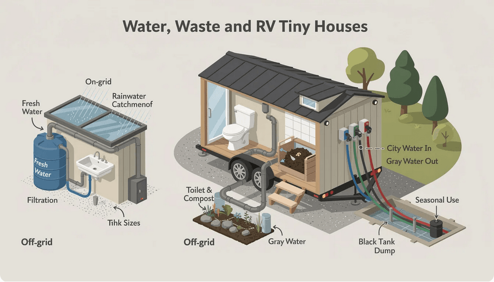 This image depicts a cozy tiny house designed for winter living showcasing clever storage hacks and energy efficient features like foam insulation and wood stoves The exterior is covered in snow emphasizing the challenges of maintaining warmth and managing water and waste systems in freezing temperatures