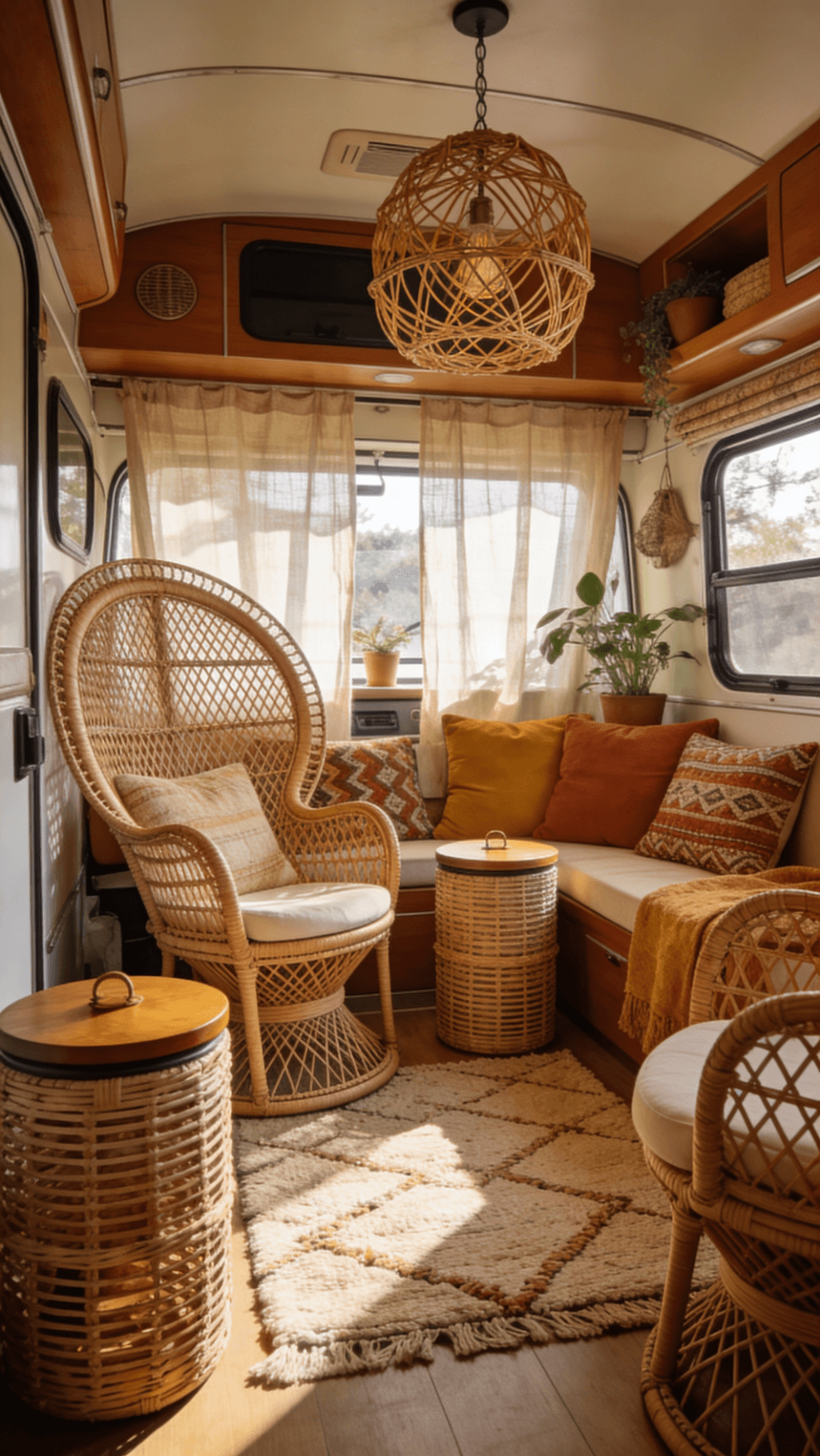 Interior of a boho van in rattan style