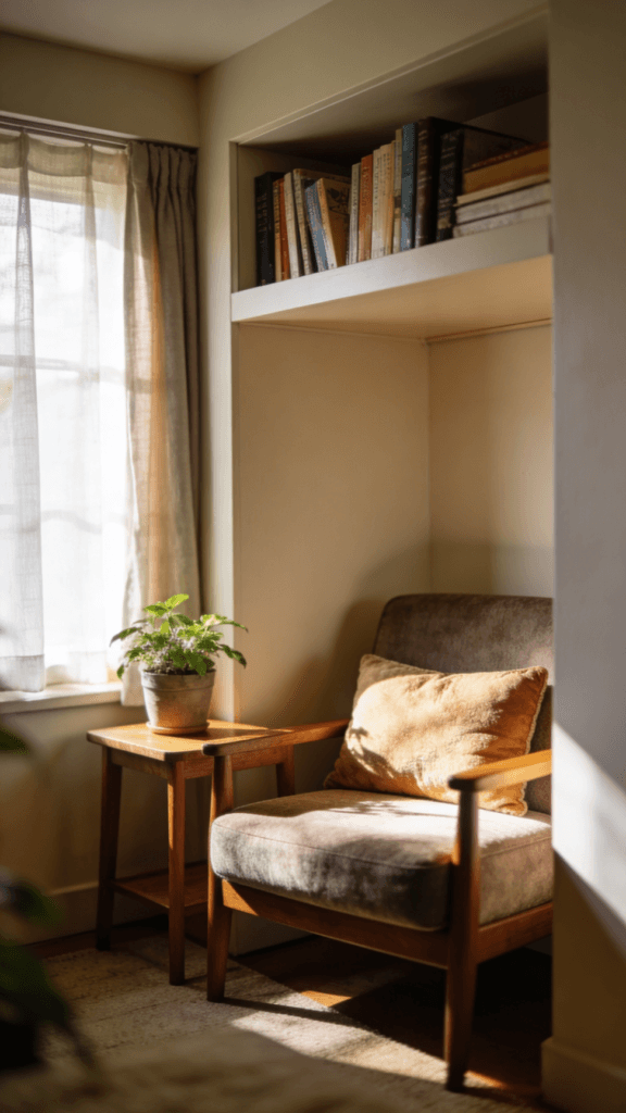 Reading nook with chair A cozy reading nook is thoughtfully designed in a small space featuring a comfortable chair and a small table illuminated by natural light from a nearby window This inviting nook area perfect for relaxing with a book utilizes limited space effectively while showcasing creative interior design ideas