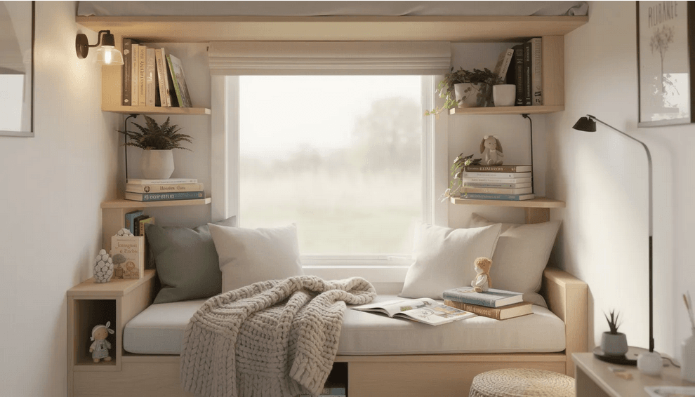 Reading nook with window The image depicts a cozy reading nook nestled in a corner of a small house featuring a comfortable chair a small table and built in shelves filled with books Natural light pours in through a nearby window creating an inviting atmosphere perfect for relaxing with a good book