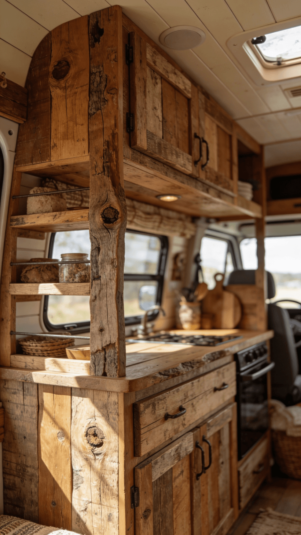 The image showcases a beautifully designed boho camper van interior featuring cabinetry and shelving made from reclaimed wood highlighting the rustic charm and natural textures that enhance the bohemian style The warm wood tones and unique imperfections create a cozy and inviting space perfect for adventure