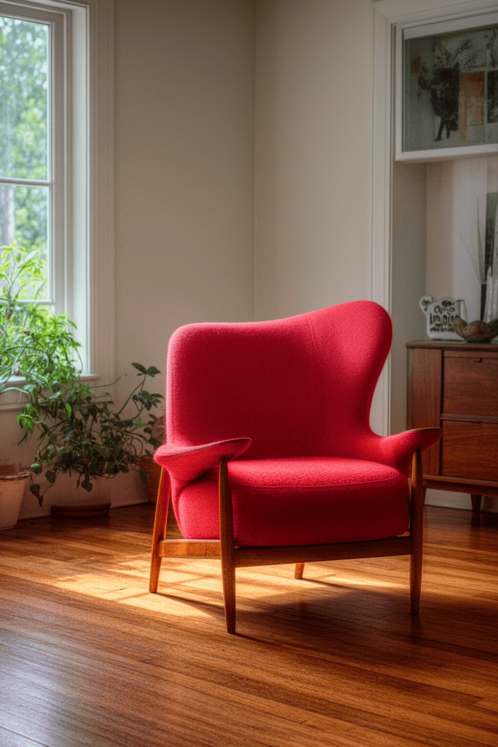 A red chair in a living room