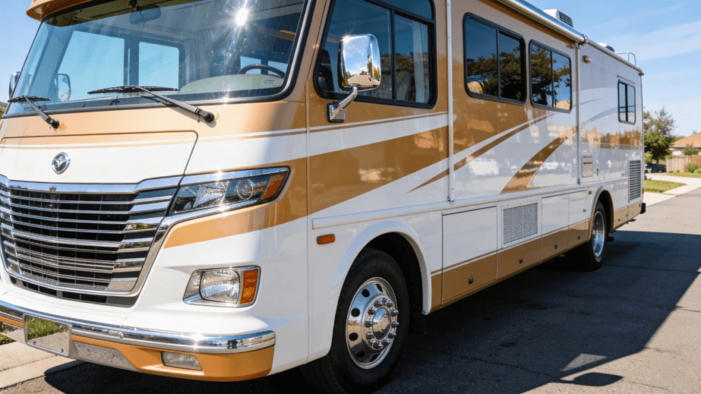 A gold and white RV on a road
