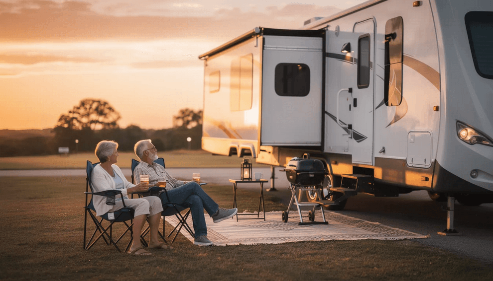 Retired couple A retired couple is enjoying a peaceful moment outside their large fifth wheel RV surrounded by the warm glow of a sunset They sit comfortably in camping chairs showcasing the ample space and inviting atmosphere of their towable RV perfect for weekend getaways