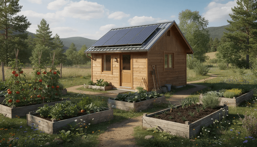 The image depicts a rustic rural cabin surrounded by lush garden beds and equipped with solar panels highlighting an off grid living lifestyle This setup showcases sustainable practices including potential waste management solutions like composting toilets and incinerating toilets ideal for managing human waste in remote locations