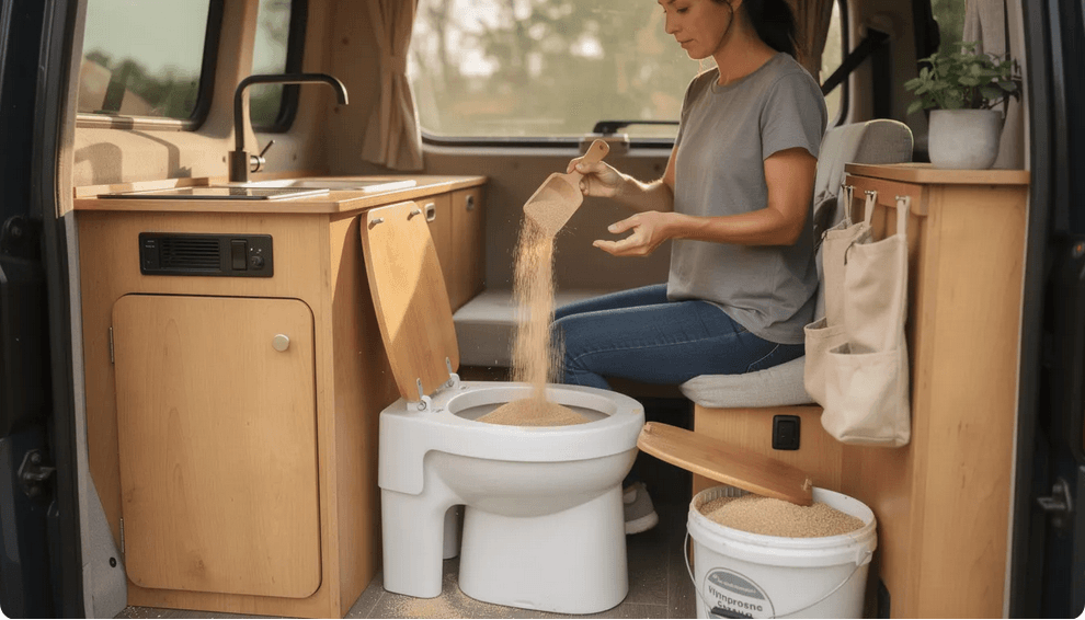 A person is seen adding sawdust to a composting toilet inside a van demonstrating an effective off grid sanitation system for managing human waste in smaller spaces This eco friendly practice is essential for off grid living ensuring proper ventilation and nutrient recovery while eliminating waste efficiently
