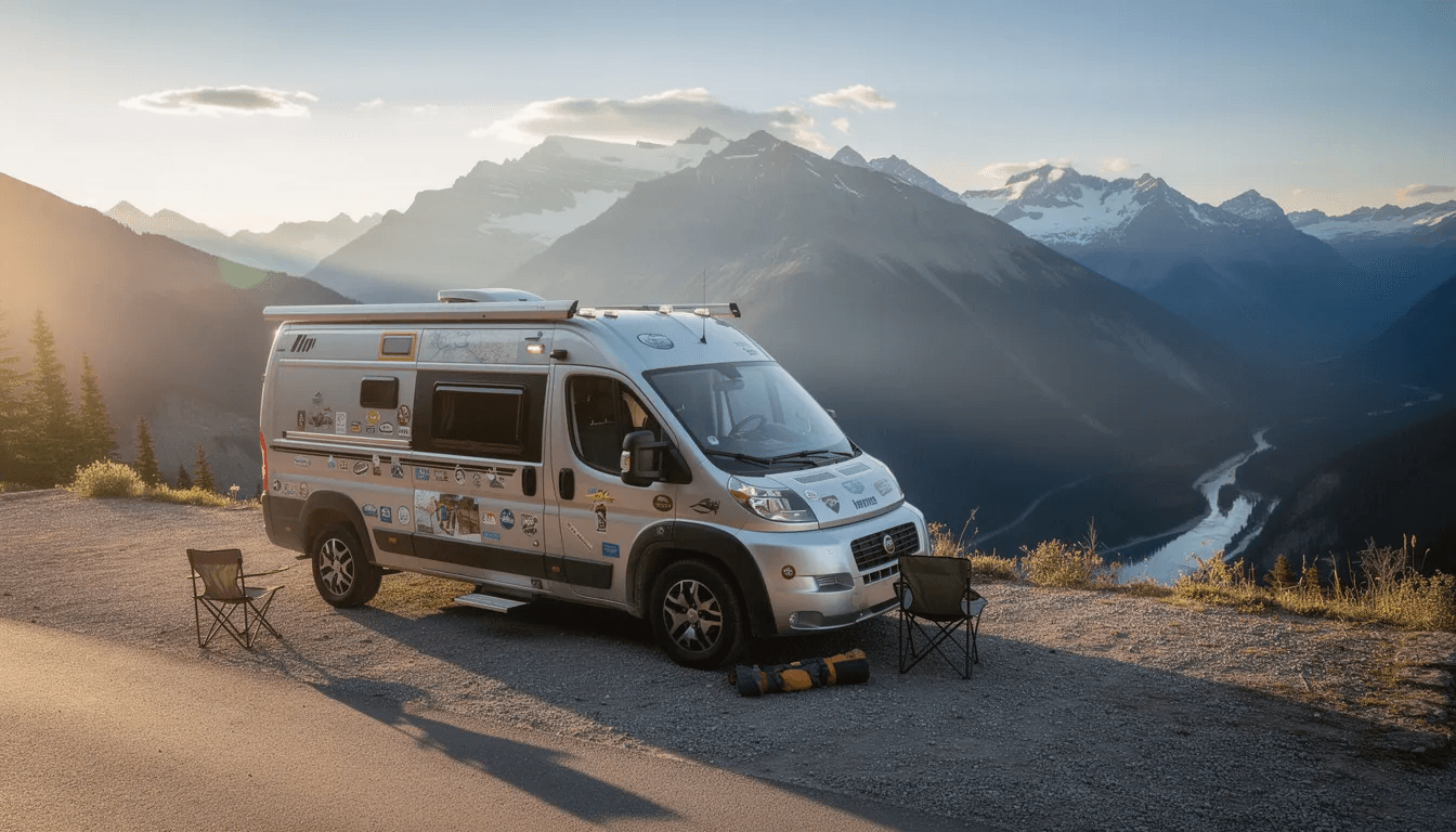 Scenic rv A compact Class B camper van is parked at a scenic mountain overlook showcasing its sleek design against a backdrop of majestic peaks This versatile vehicle is ideal for solo travelers or weekend getaways offering ample space for storage and comfortable sleeping arrangements