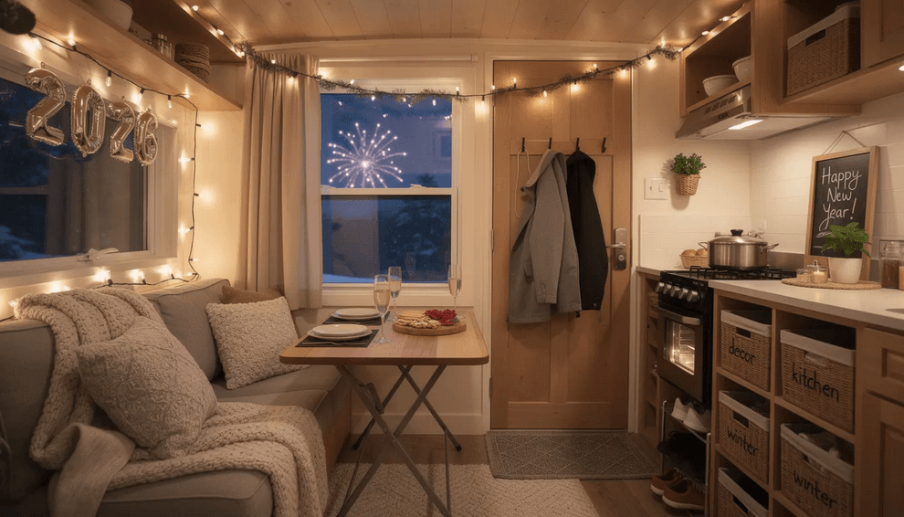 The image depicts a cozy tiny home decorated for New Years Eve featuring festive lights and a welcoming front door Inside the warm glow of natural light illuminates the interior walls creating a perfect space for family gatherings as they prepare to celebrate the coming year with good wishes and resolutions