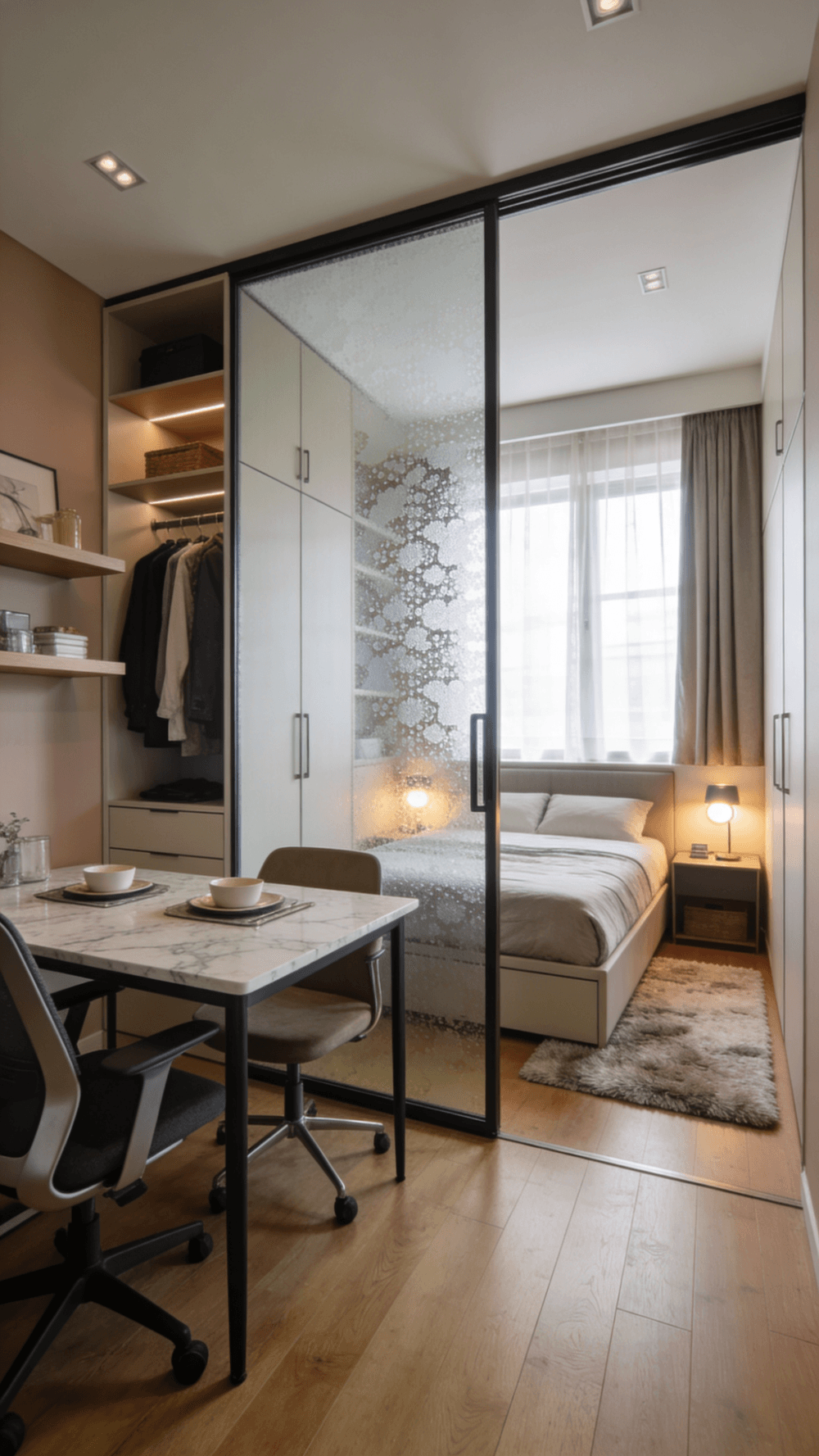 The image showcases a stylish small studio apartment featuring a clever studio apartment design that maximizes limited square footage through multifunctional furniture and a room divider The space is well organized with a cozy sleeping area a compact dining table and ample storage solutions all while allowing natural light to create an inviting atmosphere