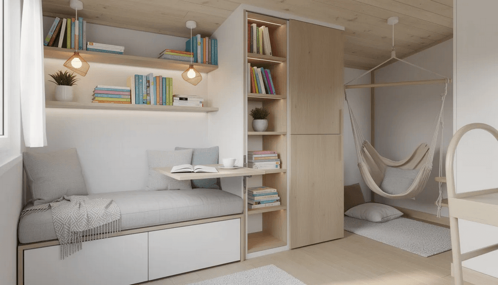 Space saving nook This image depicts a cozy reading nook in a tiny home featuring built in benches with under storage for books and blankets along with shallow shelving that maximizes limited space The nook is illuminated by natural light from a nearby window creating a perfect spot for relaxation with a small table for coffee or a book