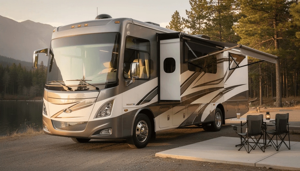 The image depicts a spacious Class A motorhome designed for families featuring a large living area with a convertible dinette and a comfortable sofa It includes ample storage a king sized bed and a drop down overhead bunk making it an excellent choice for family adventures