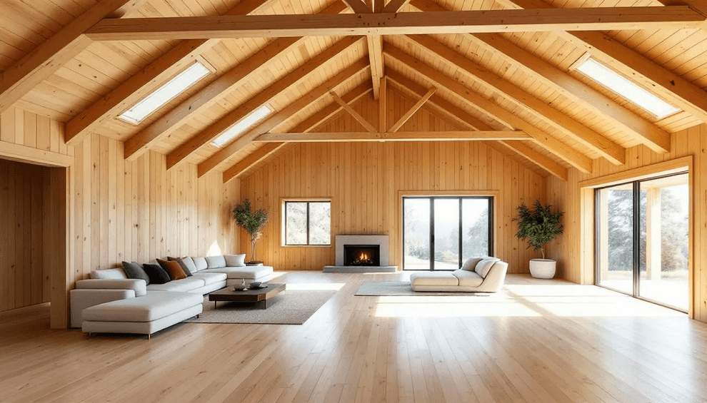 An interior of a spacious cabin living room with wooden beams