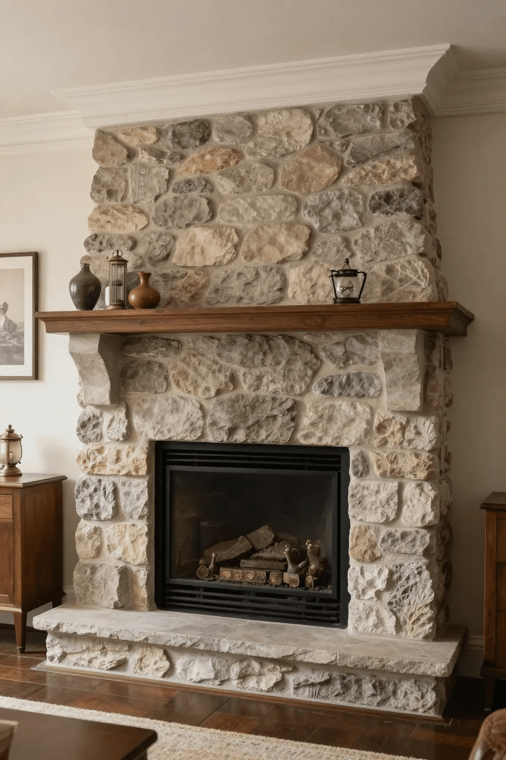 A cozy stone fireplace