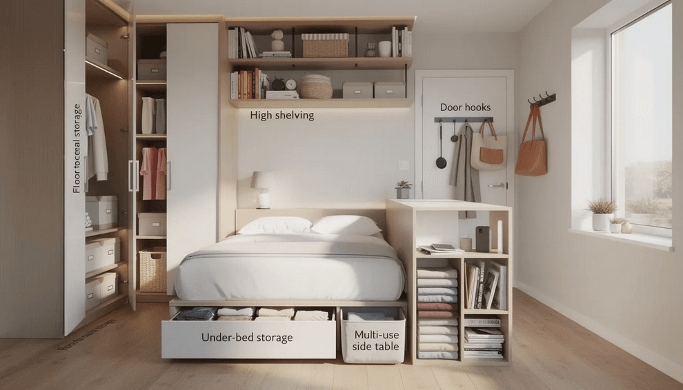 The image showcases a stylish tiny studio apartment featuring smart storage solutions including tall floor to ceiling wardrobes and high shelving that maximizes vertical space Under bed storage drawers and multifunctional furniture like a side table that doubles as a room divider enhance the living space while maintaining an organized and open atmosphere