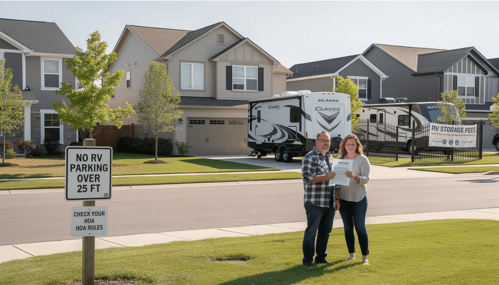 Suburban rv The image depicts a suburban street with several houses highlighting a large Class A motorhome parked in a driveway which may be restricted by HOA rules The scene emphasizes the importance of checking regulations regarding RV size and parking to avoid unexpected storage fees