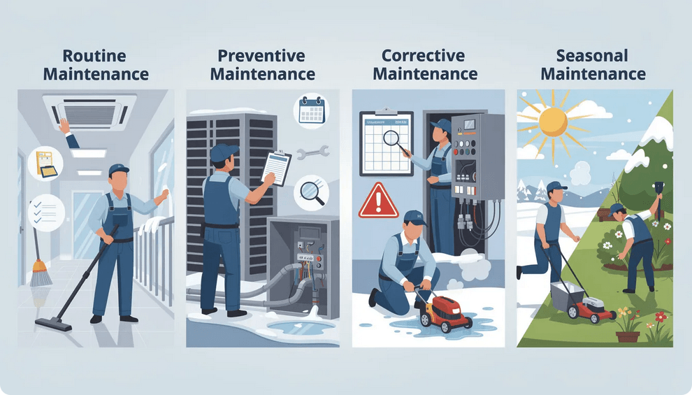 The image depicts a diverse team of property maintenance workers engaged in various tasks including routine maintenance and preventive inspections ensuring the upkeep of a commercial property They are seen performing safety checks landscaping and addressing maintenance requests highlighting the importance of proactive maintenance management for tenant satisfaction and increased property value